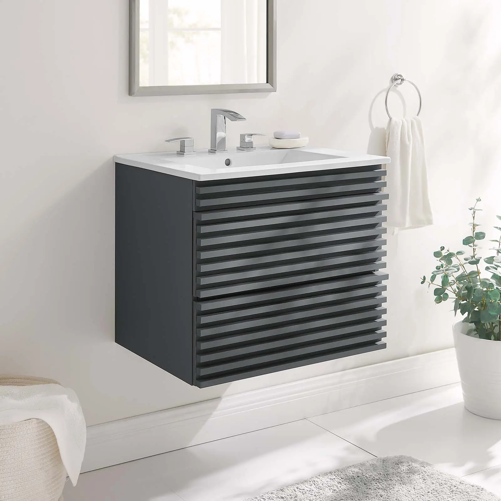 Modway Modern Render 24" Wall-Mount Bathroom Vanity, Gray White Finish, with Integrated Ceramic Sink