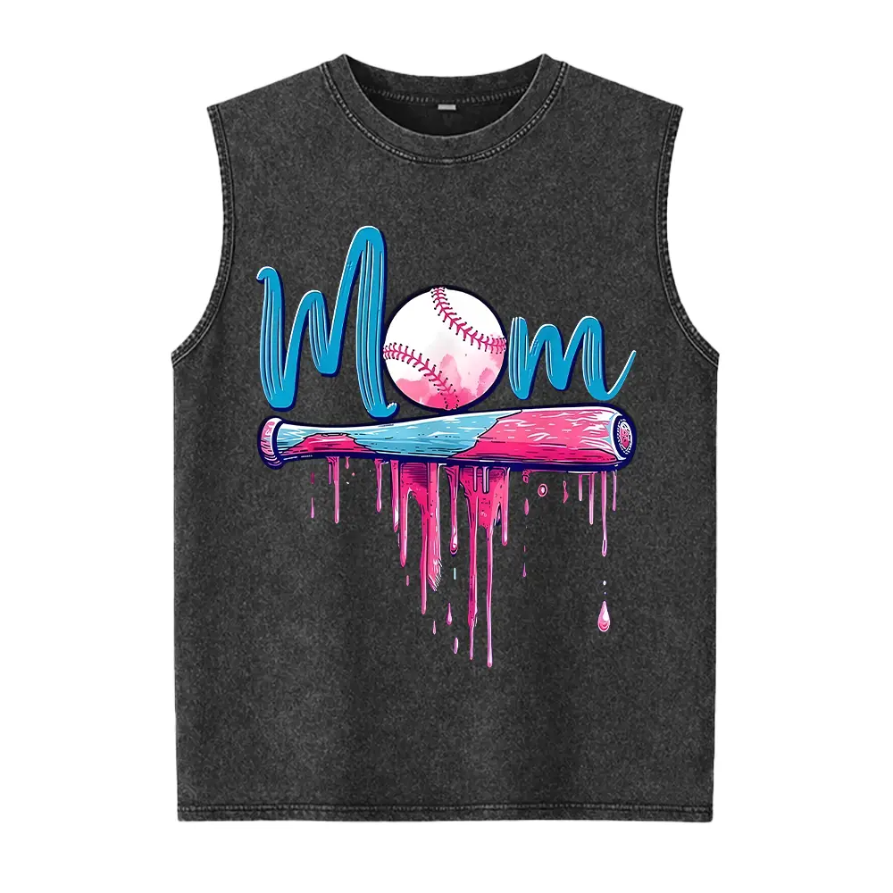 Cotton Short Sleeve Washed Vest Baseball Mom Graphic Washed Vest- 100% Casual Crew Neck with Baseball Bat & Pink Drip Design for Sports Moms Graphic Washed Vest