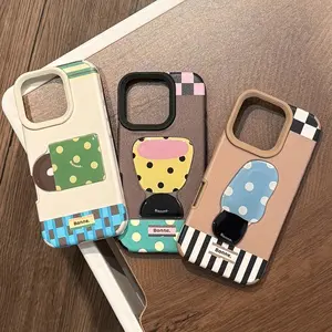 Korean 3D Wave Point Cup Desk Lamp Leather Texture Splicing Phone Case For iPhone 16 15 14 13 12 11 Pro Max Shockproof Cover
