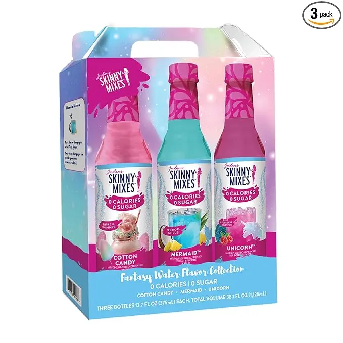 Jordan's Skinny Mixes Sugar Free Syrup Trio Sampler Pack – Mermaid, Unicorn & Cotton Candy, As Seen on Watertok, Drink Mix for Iced Tea, Lemonade & More, Zero Calorie, 12.6 Fl Oz Each