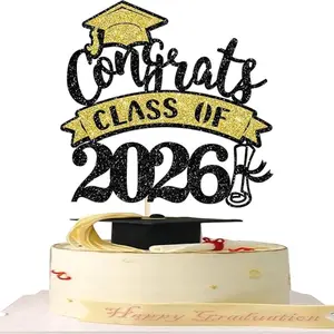 Congrats Class of 2026 Cake Decoration Set, & Glitter Certificate Graduation Cap, High School Boy Girl Party Supplies