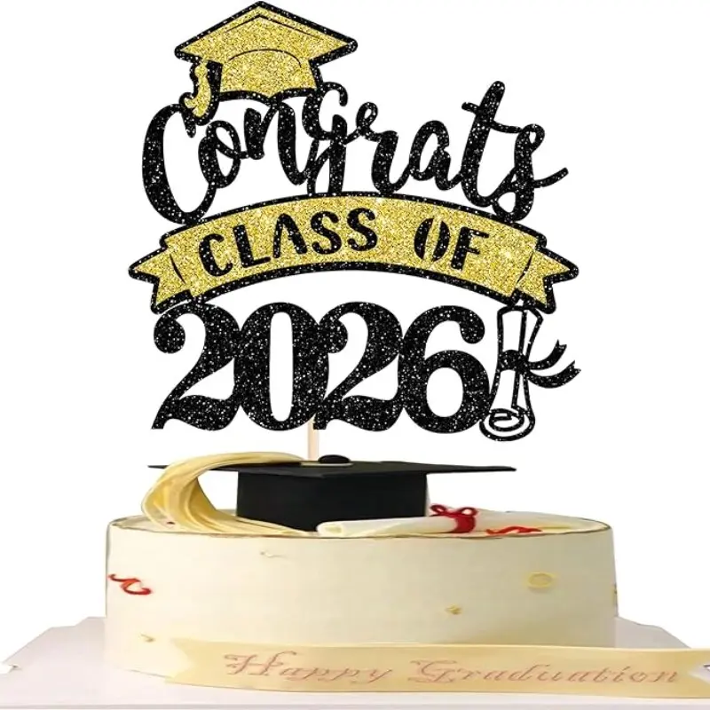 Congrats Class of 2026 Cake Decoration Set, Ornaments & Glitter Certificate Graduation Cap, High School Boy Girl Party Supplies, Graduation Cupcake Toppers, Sparkle Toppers