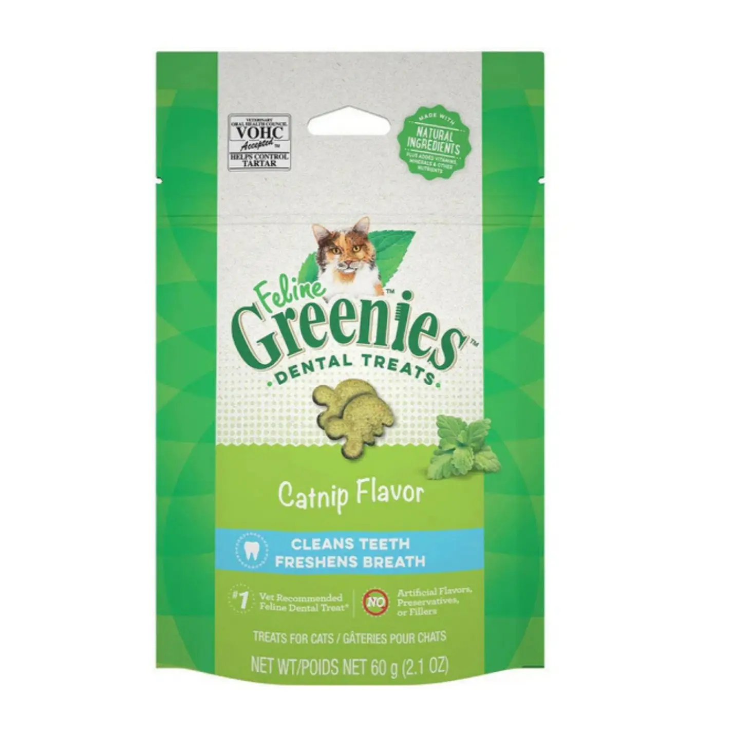Greenies Feline Crunchy Dental Cat Treats - Catnip Flavor, 2.1-oz, with Zinc Oxide, Biotin, Vitamin A Supplement, Niacin Supplement, Potassium Chloride, Chicken Meal, Ground Flaxseed, Thiamine Mononitrate, Teeth Cleaning