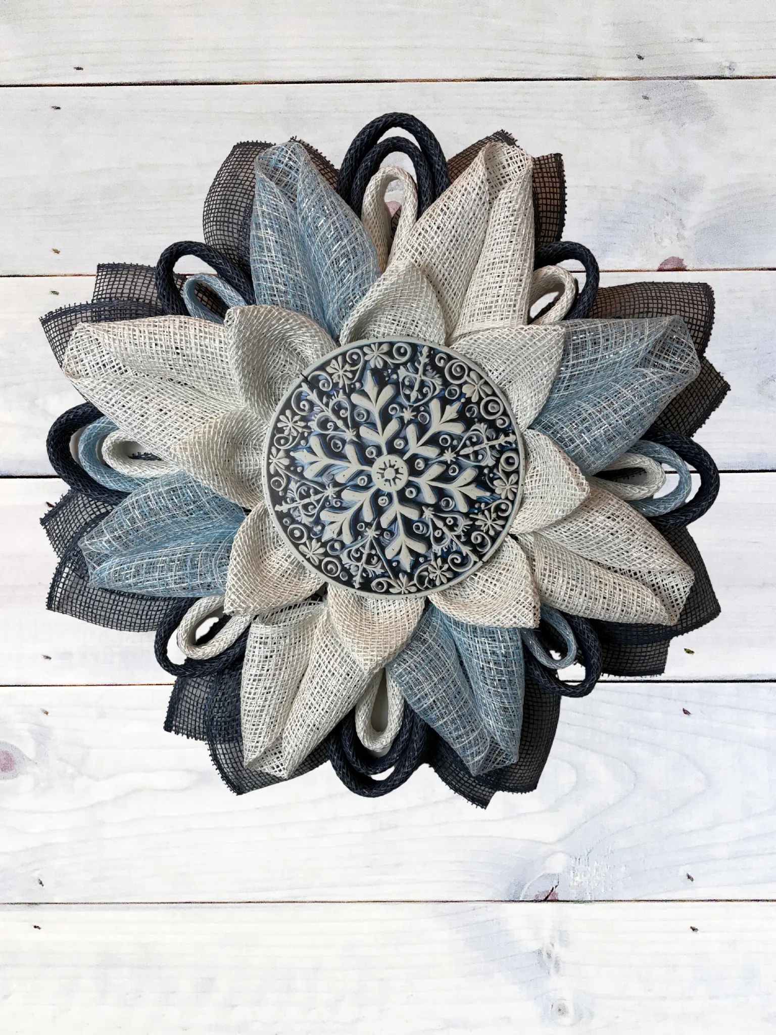 Blue-and-Cream-Snowflake-Mesh-Flower-Wreath-Winter-Door-Decor-Poly-Burlap-Wreath