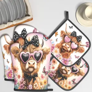 4pcs Heat Resistant Insulated Oven Mitts And Potholders  Lovely Highland Caw Oven Mitts And Pot Holders Sets Suitable For Kitchen Decoration, Cooking, Grilling, Baking And Great Holiday Camping Picnics Gifts