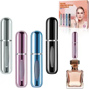 4 Pack 5 Milliliter Refillable Perfume Atomizer Bottles, Bottom Fill Portable Fine Mist Travel Sprayers in Silver, Pink, Blue and Black