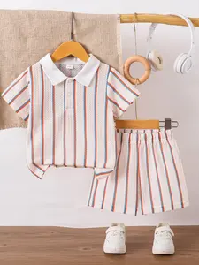 Summer Boys' 2-Piece Set, Waffle Stripe Collar Polo Shirt + Shorts, Kids Fashion Casual, Trendy Clothing, Matching Set
