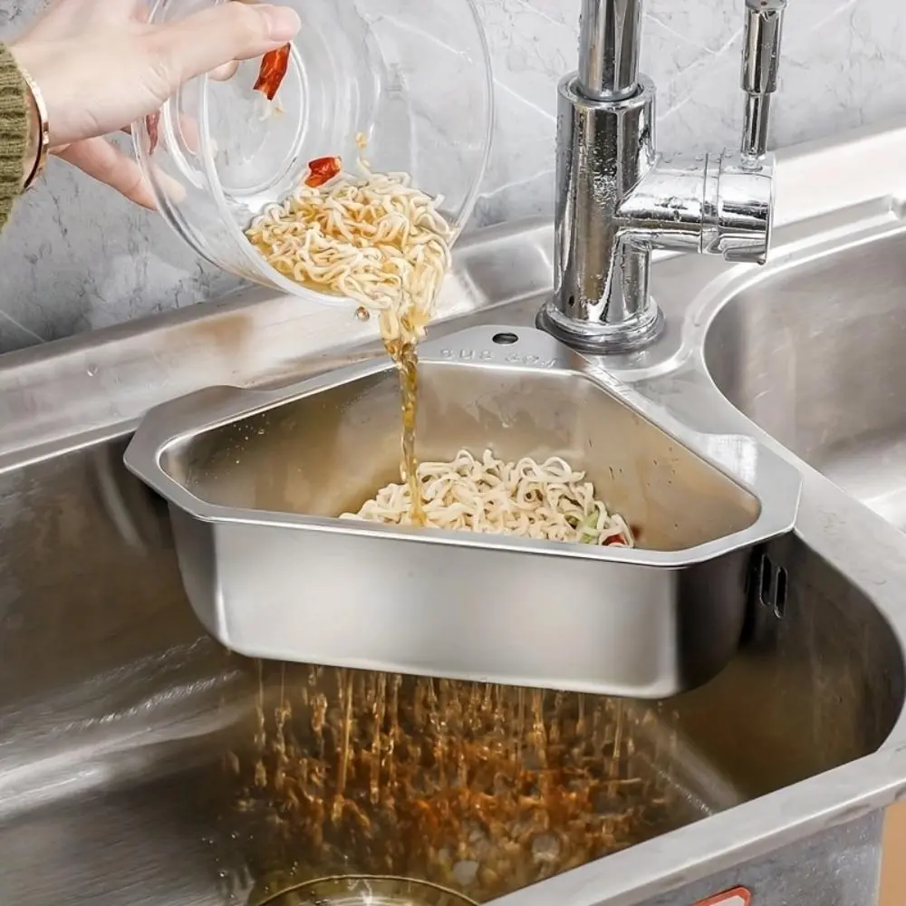 Stainless Steel Sink Drain Basket, 1 Count Triangular Kitchen Sink Strainer, Fruit & Vegetable Filter Rack, Kitchen Accessories
