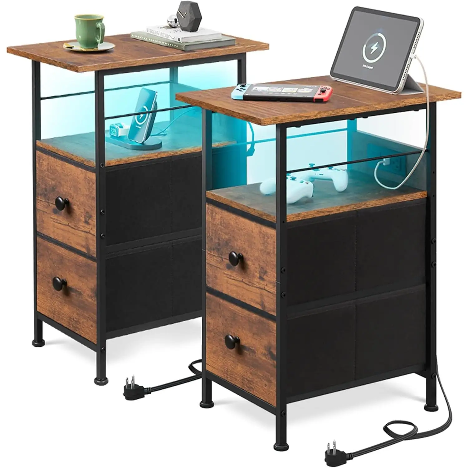 WLIVE Narrow LED Side Table with Charging Station & Storage - Nightstand with 2 Fabric Drawers & Smart RGB Lighting & 3 USB ports and 2 AC Outlets Gam