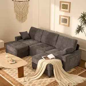 DealsforYouDays【2 Packages Shipping】 Biscuit Sofa 112" U Shaped Modular Cloud Sectional Couch, Waffle Fabric, Black | Modular Deep Seat Sofa, Movable Ottoman, Pocket Spring Cushions, 2-Box Delivery, Living Room Lounge Use