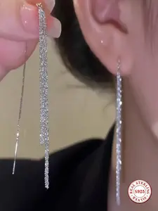 S925 Sterling Silver Threader Earrings for Women - Sparkling Long Tassel Drop Earrings, Hypoallergenic Shimmering Chain Dangle Earrings, Lightweight Minimalist Dangling Jewelry for Party Wedding Daily Wear