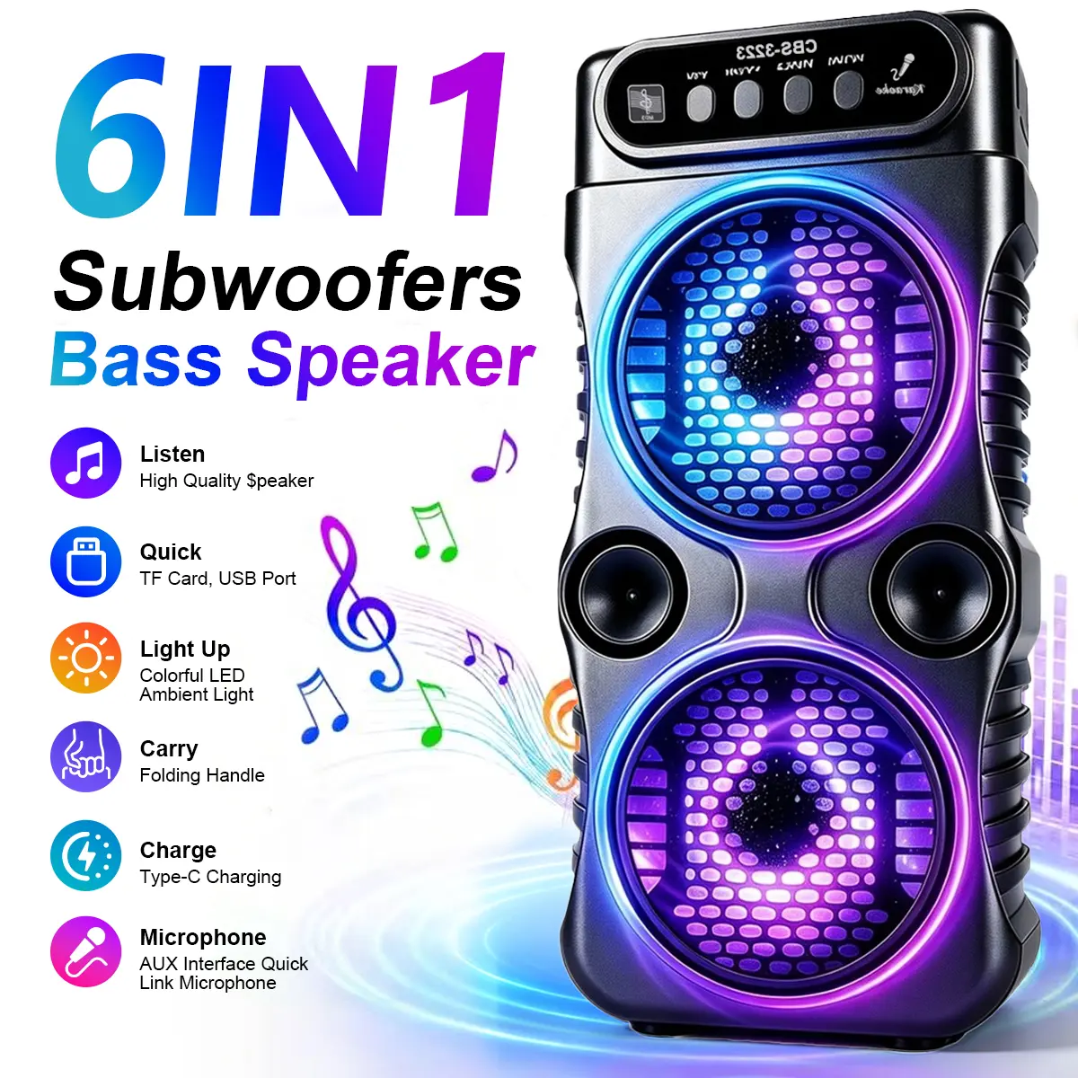 2026 New Wireless Subwoofer, Convenient PA Sound Reinforcement Speaker, 360° Stereo Karaoke, Supports FM Radio, Bt/Tws/Usb/Tf/Microphone Input, Suitable for  Family Indoor Party Gifts, Holiday Gatherings, Dances, Loud