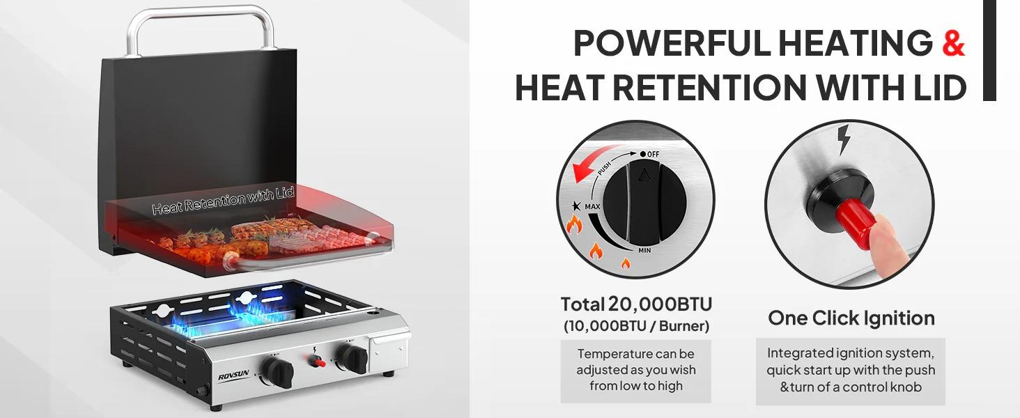 [TOP RATED - FLASH SALE] ROVSUN 2-Burner 20000 BTU Portable Rolling Propane Outdoor Griddle with Stand & Lid