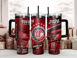 40oz Insulated Reusable Stainless Steel Water Bottle - Deportivo Toluca F.C. '100% Diablo' Tumbler with Lid, Straw, Club Emblem, Nemesio Díez Stadium Art, Team Trophies, Ideal Gift for Los Diablos Rojos Fans