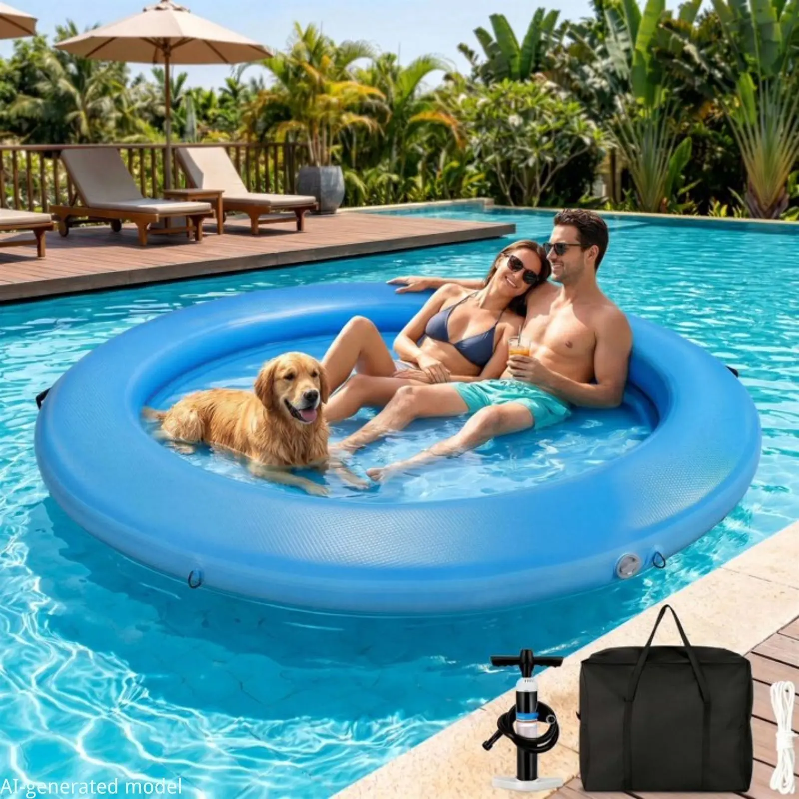 MAMIZO 8FT Inflatable Water Hammock, Heavy Duty Round Floating Pool Dock, Portable Sunbathing Tanning Pool Lounger Mat, Raft Platform Boat for Family Adults Party Lake River Beach outdoor summer【DealsForYouDays】