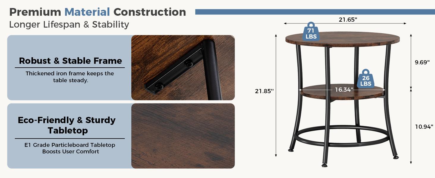 2-Tier Side Round Table for Living Room, Accent End Table with Storage Shelf,Sturdy Metal Frame Nightstand for Small Space, Round Bedside