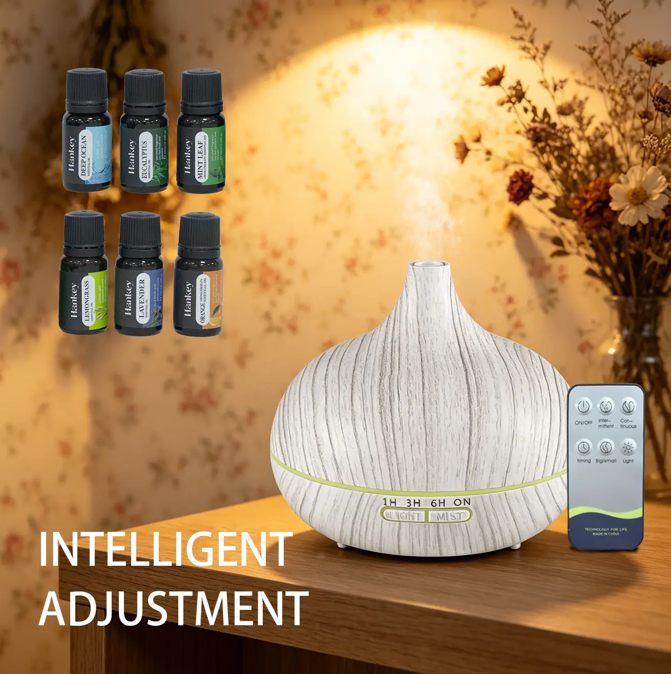 HONSUN 500ML Wood Grain Ultrasonic Cool Misting Humidifier Aroma Diffuser Set - Remote Control, Auto Shutoff, 7-Color Gradient LED Night Light, Timer, USB Powered, Complete Aromatherapy Kit with 6 Essential Oil Bottles for Bedroom, Home Decor Gift, Built-
