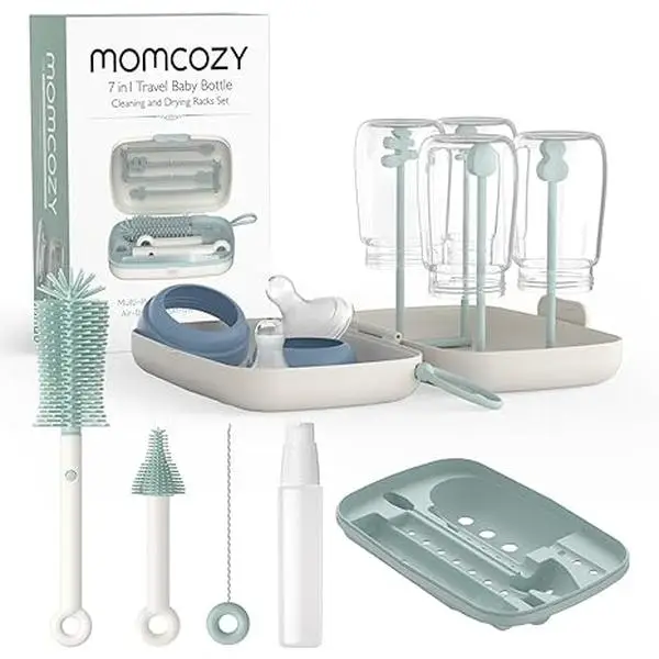 Momcozy Baby Bottle Cleaner Kit with Silicone Brush, Nipple Brush, Straw Brush, Soap Dispenser, Drying Rack ,7 in 1Cleaning Tool for Home and Travel