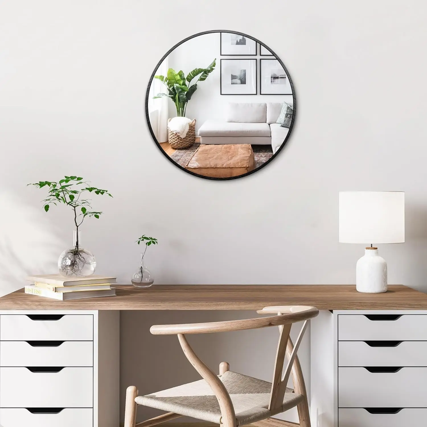 12-Inch Small Round Decorative Wall Mirror - HD Silver-Coated Glass, Brushed Black Aluminium Frame, Elegant Minimalist Mountable Accent Mirror for Vanity, Bathroom, Reflection Enhancement, Circle, Glass + Metal, Hd Coating