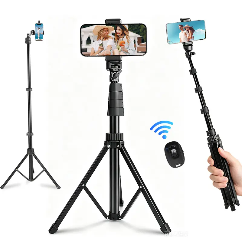 UEGOGO 63-in Extendable Stand Phone Tripod, Rechargeable Bluetooth Remote Tripod Accessory, Silicone-Enhanced Portable Travel Stand, Compatible with iPhone & Android with Storage Pocket for Selfies and Photos