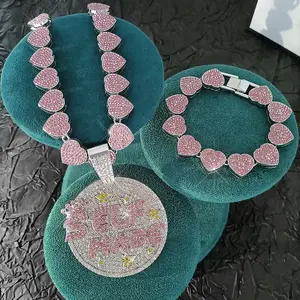 3Pcs Ice Crystal Street Style Full Circle 'SELF MADE' Letter Pendant with Ice Crystal Miami Cuban Chain Shiny Necklace Suitable for Family, Friends and Couples