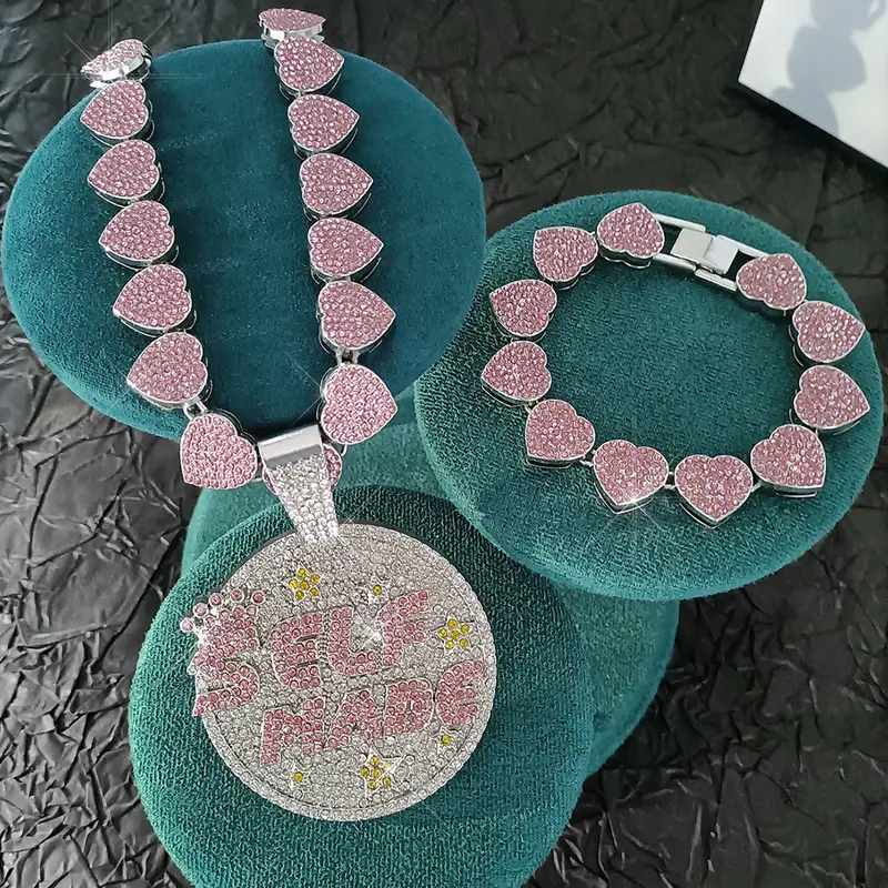 3Pcs SELFMADE Letter Pendant Necklace Set, Ice Crystal Full Circle Design with Miami Cuban Chain – Shiny Hip Hop Jewelry for Family, Friends & Couples, Trendy Street Style Gift