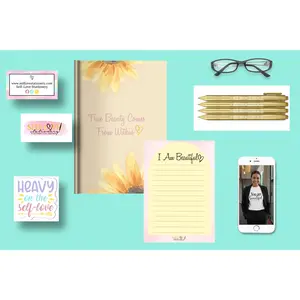 Yellow "I AM BEAUTIFUL" Collection Box - 7x10 Journal, 6 Affirmation Pens, 1 Notepad & 1 Sticker - Empowering Stationery Essentials for Self-Expression