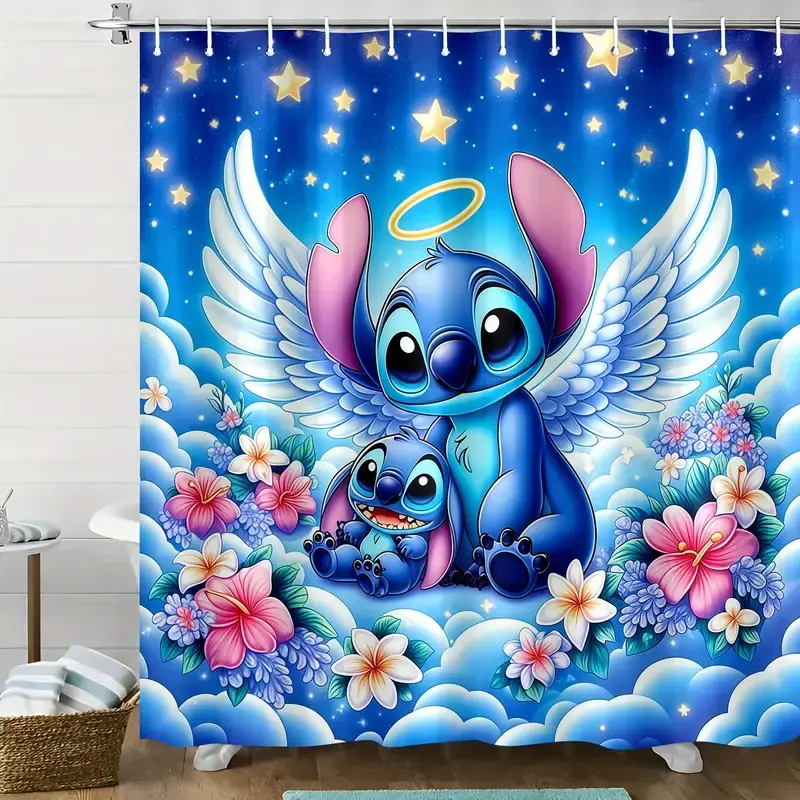 Disney Classic Angel-Themed Stitch Bathroom Shower Curtain, Stitch Characters with Wings and Floral Accents, 12 C-Hooks for Simple Tidy Setup, Hand/Machine Washable, Vivid-Lasting Prints, Soft Skin-Contact Material