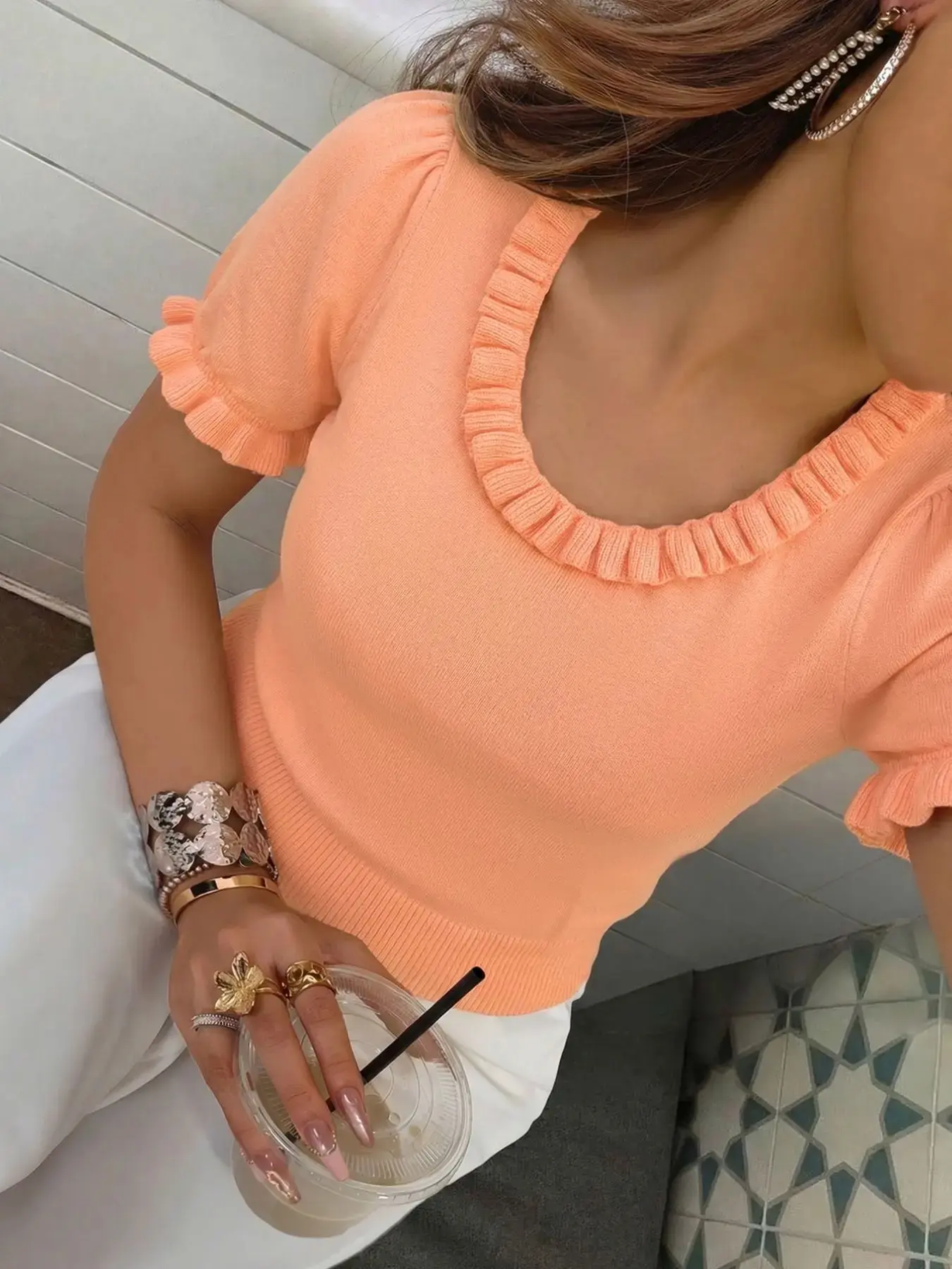 Summer Women's Casual Chic Solid Round Neck Ruffle Hem Short Sleeve Loose Wool Blend T-Shirt, Spring Autumn Fashion Top, Casual Trendy Tee