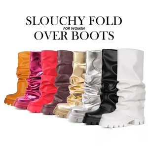 Womens Slouchy Fold Over Boots Round Toe Chunky Platform High Heels Pull On Goth Combat Motorcycle Riding Concert Fashion Fall Comfy Punk Heels Rave Metallic Tall Shoes Trendy Boot