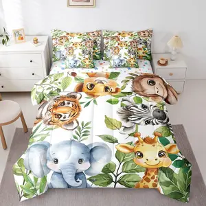 Zoo Animal Bedding Set for Teens,Tiger Monkey Zebra Comforter Set,Elephant Giraffe 7 Pieces Bed Set