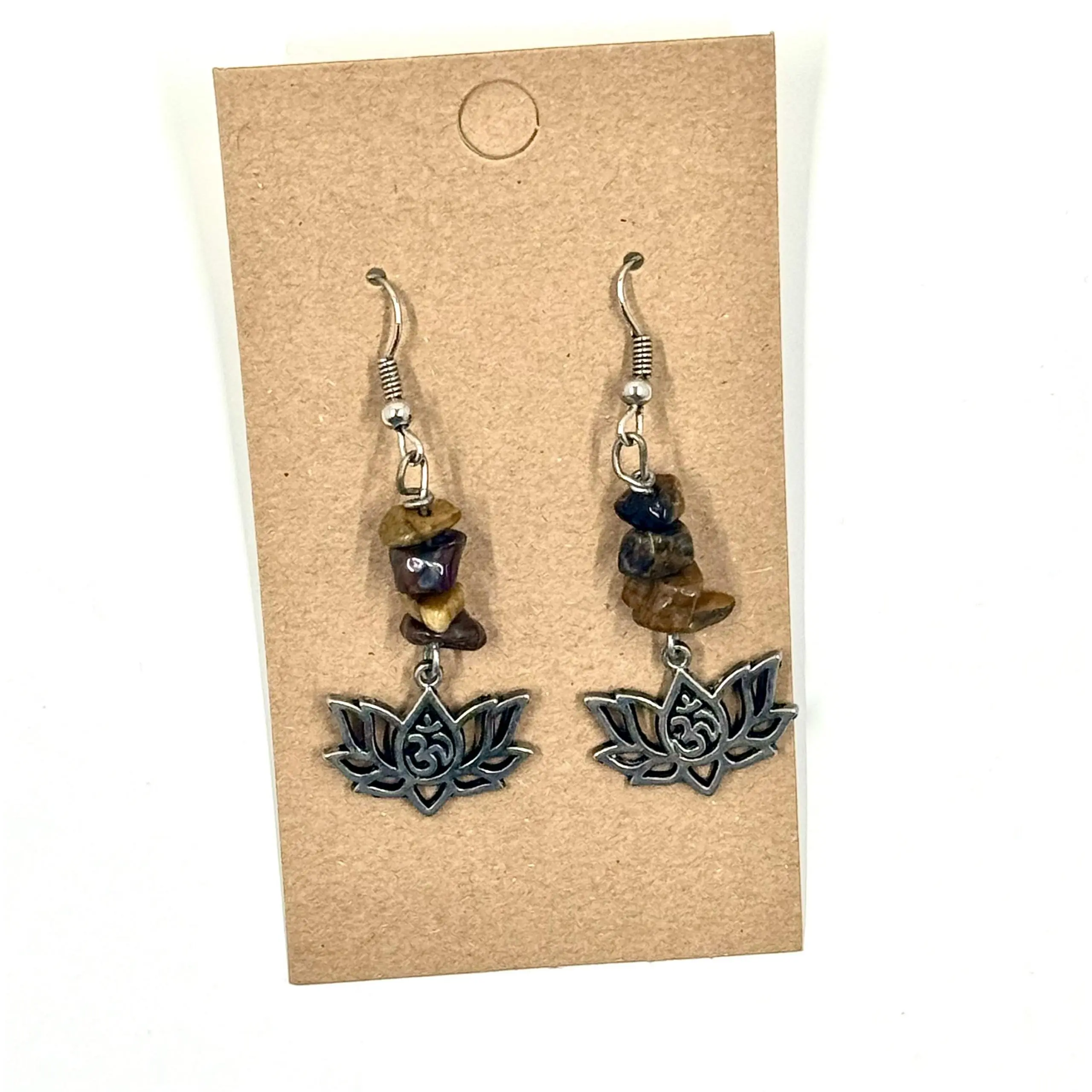 Chipped Tiger’s Eye Om Lotus Earrings – Handmade by Mad Mellow