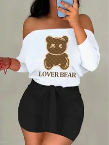 Women's Bear Print Off Shoulder Crop Top & Skinny Shorts Two-Piece Set, Casual Fashion Cozy Top & Shorts for Daily Outdoor Wear, Ladies Outfits for Summer, Clothes, Womenswear