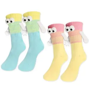 2 Pairs Holding Hands Socks Magnetic Suction 3D Doll Couple Sock for Unisex Adults Funny Socks Gifts for Wedding Anniversary Day Lovers Coworkers Buddies,Yellow Blue