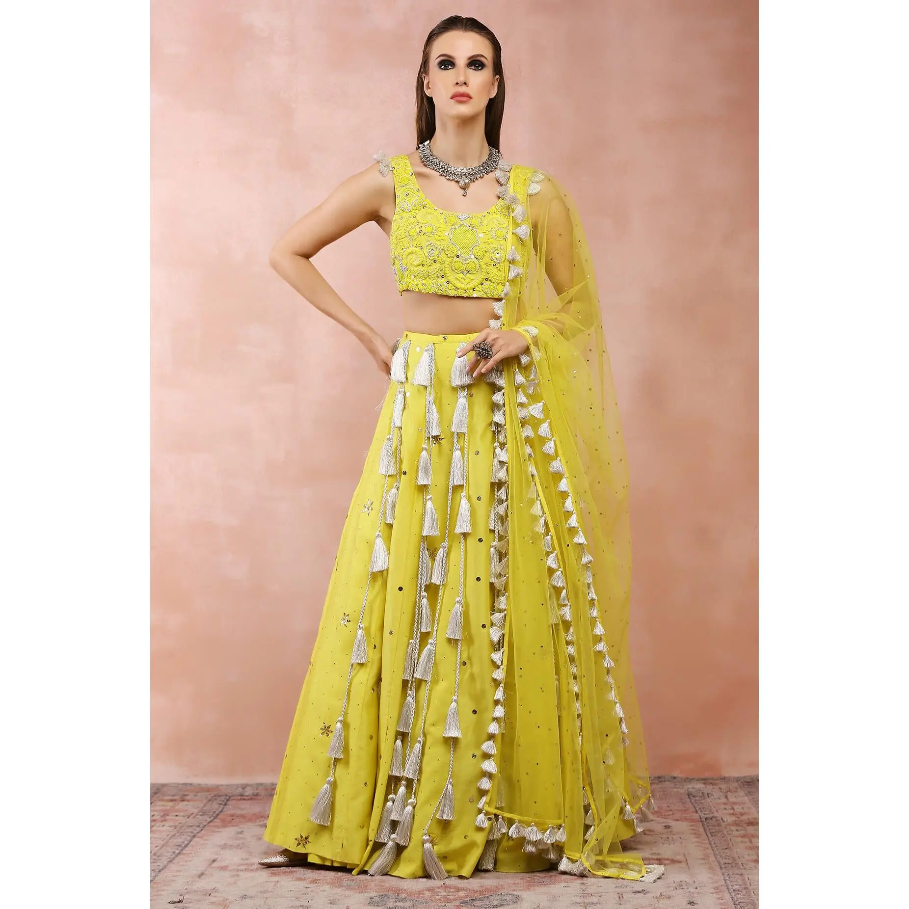 Yellow embroidered tasselled lehenga set