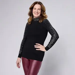 Nina Leonard Long-Sleeve Mock-Neck Embellished Sweater Top