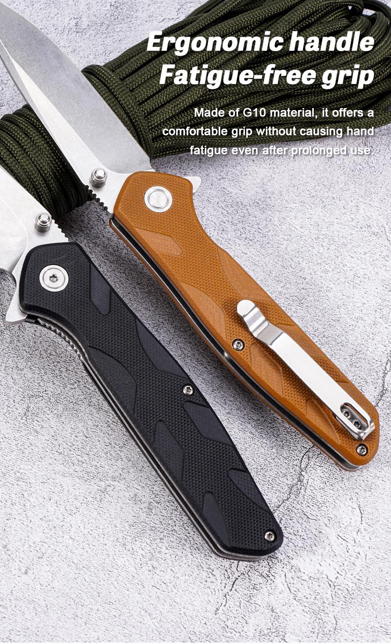 EDC multifunctional outdoor folding knife with G10 handle; convenient pocket/belt clip for easy carry; outdoor cutting tool designed specifically for climbing and fishing; a camping and hiking essential.