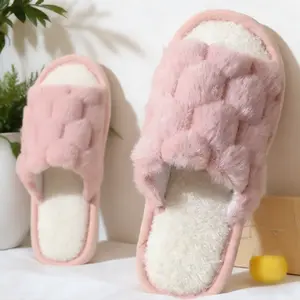 Women's Fuzzy Cotton Slide Slippers, Soft Comfy Memory Foam Cozy Indoor House Shoes, Lightweight Outdoor-Ready Footwear