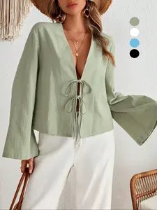 Women's Solid Tie Front Flounce Sleeve Kimono, Casual Deep V Neck Long Sleeve Outerwear for Daily Wear, Ladies Clothes for All Seasons