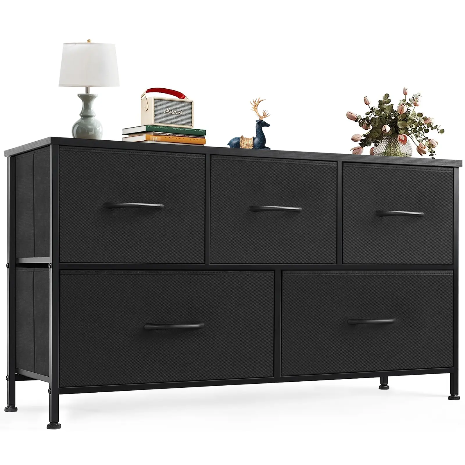 5-Drawer Fabric Storage Tower - Wooden Drawer Dressers, Black Dresser Cupboard Furniture, Home Decor for Closet Organization, Storage Organization Needs