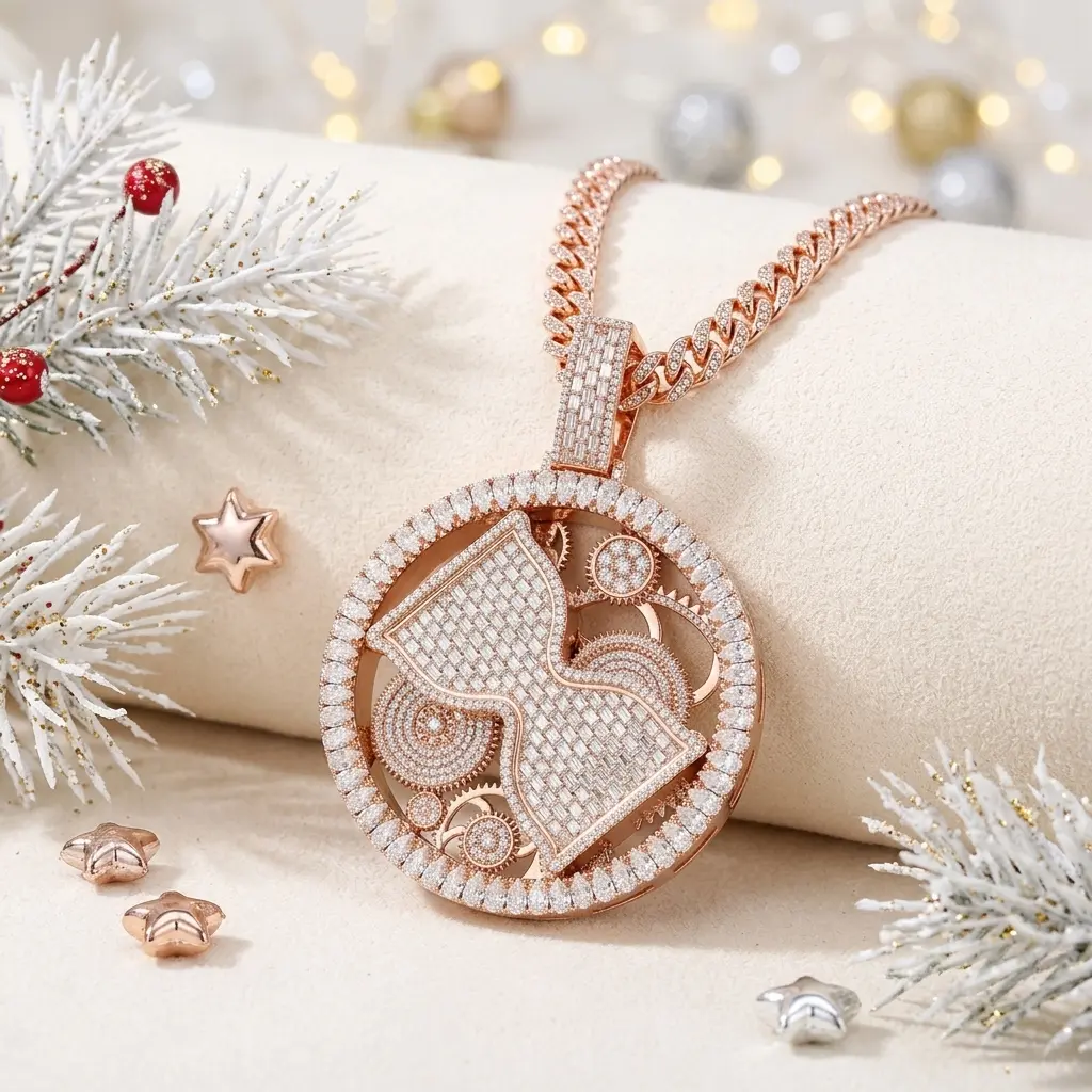 European and American Hip-Hop Full-Diamond Hourglass Disc Rose Gold Mechanical Gear Hollow Cuban Necklace Unisex Gift for Holidays and Parties