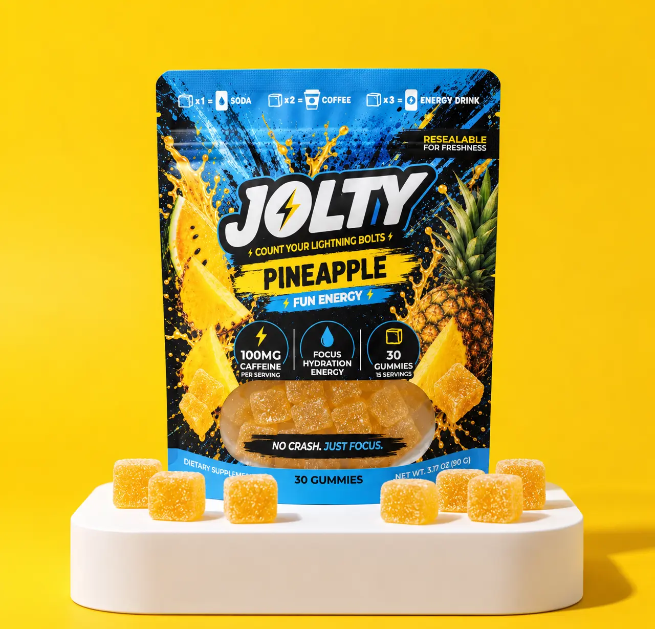 JOLTY Caffeine Gummies – Pineapple Flavor – 100mg Caffeine Per Serving (30 Gummies)
