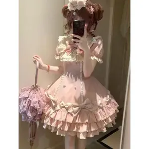 2025 Japanese Kawaii Sweet Lolita Princess Dress Women Pink Bow Lovely Slim Dresses Female Korea Style Design Chic Outfits
