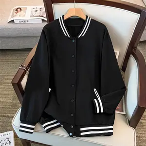 Plus Size Women's Cotton Baseball Jacket - Black Long Sleeve, Slimming Comfortable Fit (75-150kg) for Casual Everyday Wear
