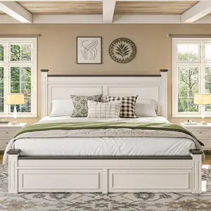 Queen/King Size Bed Frame With 2 Storage Drawers And 51.25" H Headboard Farmhouse Wood Platform Bed Frame, No Noise, No Box Spring Needed, White And Black