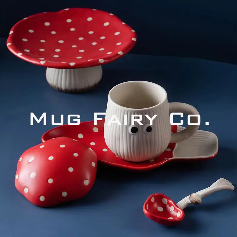【Mug Fairy Co】 Red Polka Dot Googly Eyes Mushroom Ceramic Mug