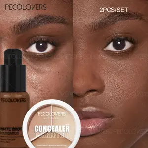 2pcs/set Full Coverage Foundation & 3-Color Concealer Palette - Moisturizing Face Foundation Cream Waterproof Long Lasting Oil Control Full Coverage Pores Dark Circles Face Base Brighten Wheat Tone Liquid Foundation