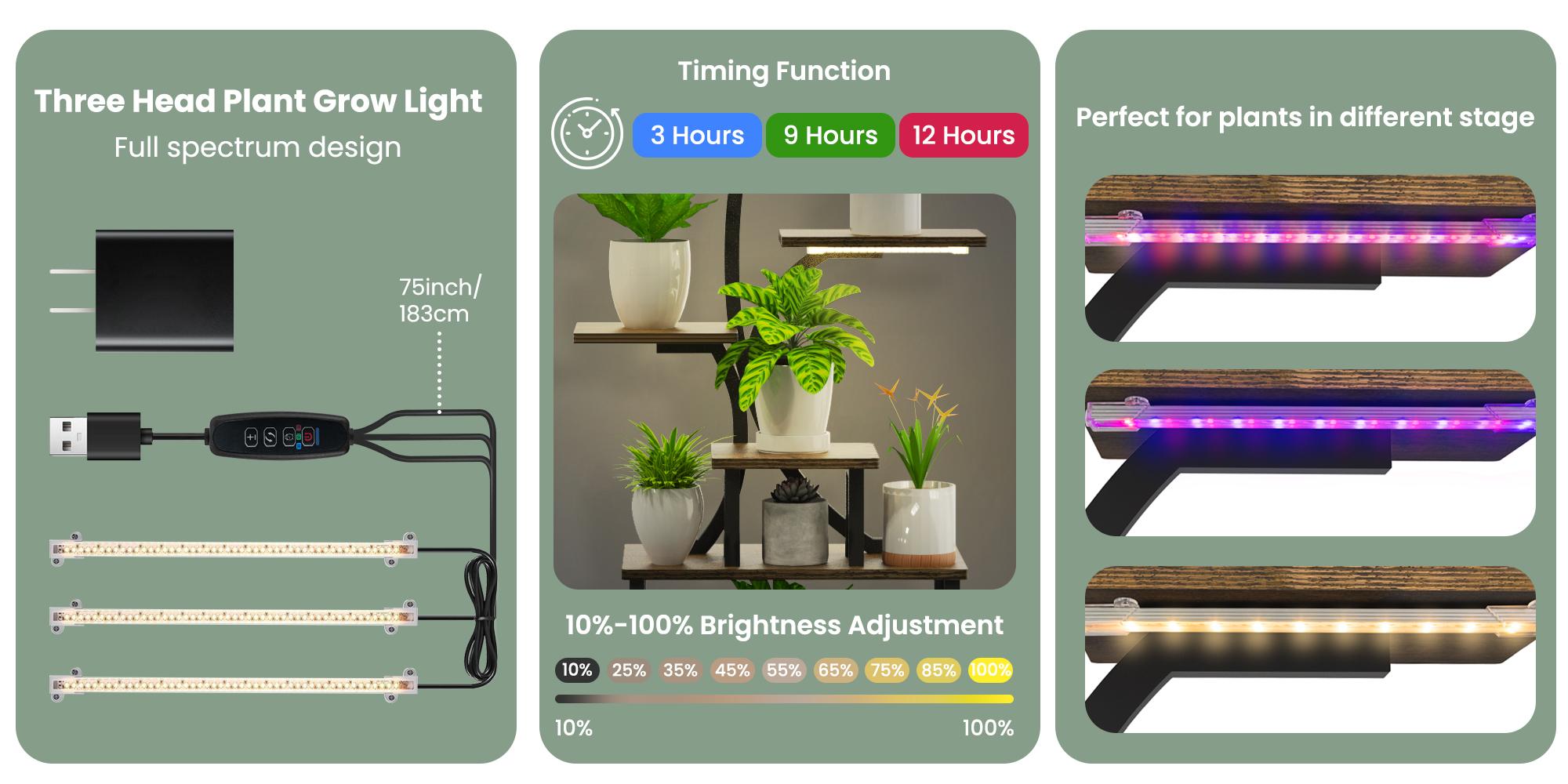 Indoor plant stand with grow lights - 62inch Tall plant stand, indoor growing corner stand with lights, 8-tier large flower stand, S-shaped living room decorative stand, patented design, black