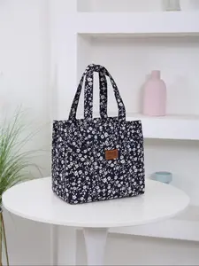 Stylish Ditsy Floral Print Letter Patched Design Lunch Bag, Large Capacity Insulated Lunch Bag, Portable Lunch Storage Bag for Work & School, Lunch Bag Women, Lunch Bags Women