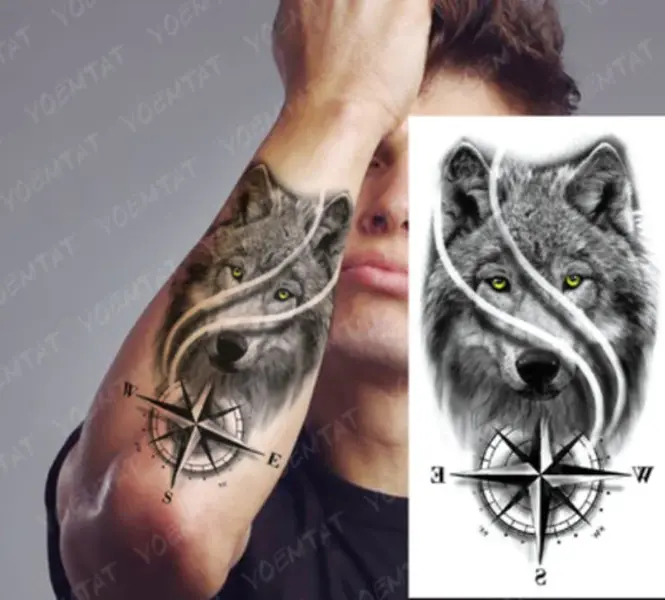 Wolf Temporary Tattoo, Wolf Compass Tattoo, Waterproof